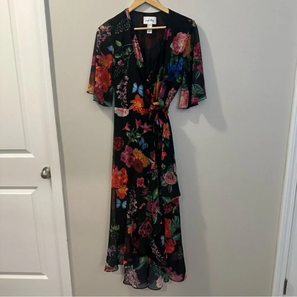 Joseph Ribkoff Floral Wrap Midi Dress Black Multicolor Size 8 Elegant Chic